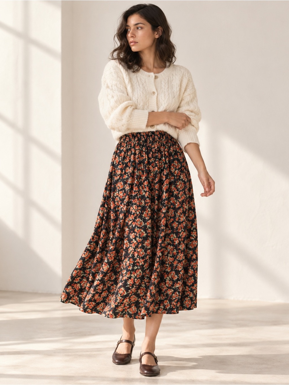 Vintage Black Coral Floral Rayon Midi Skirt Cottagecore Made in Canada Sz M
